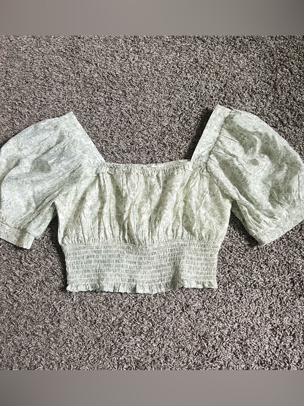 By the River Green White Floral Puff Sleeve Smocked Blouse Cottagecore Large